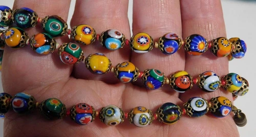 Vintage Venetian Murano Moretti Millefiori Mosaic Glass Beaded Neck Barrel Clasp