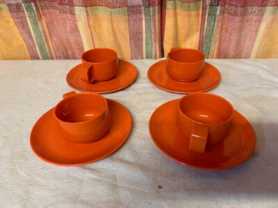 Set 4 KAFFEETASSEN KUNSTSTOFF ORANGE VINTAGE Seventies MIFLEX Frankreich 1970er Jahre