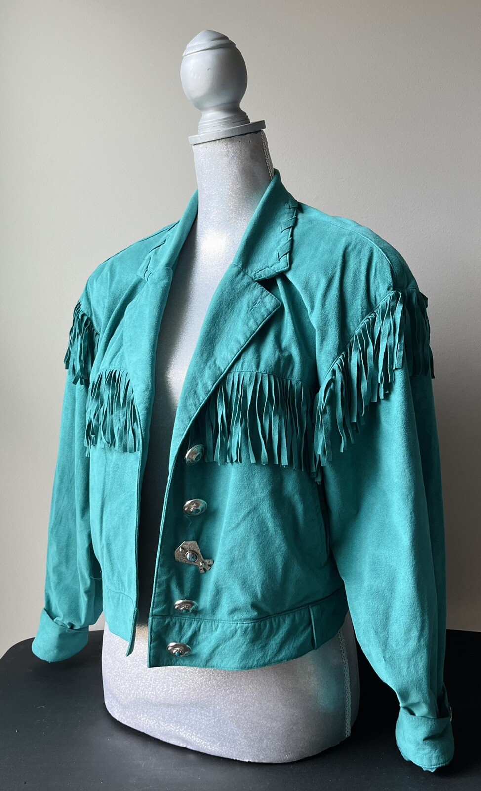 Vintage Turquoise Suede Fringe Jacket Womens Size S Gem