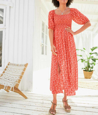 Kleid Heine Druckkleid hummer rot champagner maxi Gr 42 44