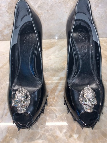 Alexander McQueen Black Patent Peep Toe Skull Platform Shoes size 37