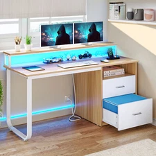 47/55 inch Home Office Desk with File Drawer LED Computer Desk w/ Power Outlets