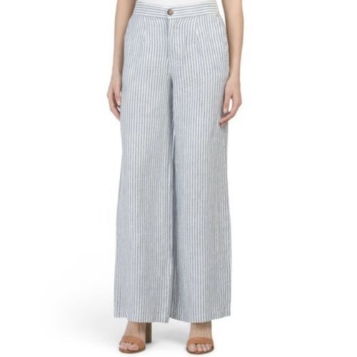 Tahari Linen Striped High Rise Wide Leg 