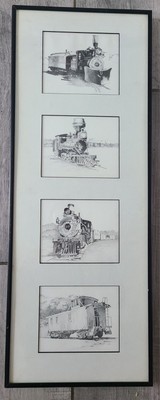 Estelle De Ridder Signed Pencil 4 Drawings Steam Engine Locomotive Framed 24x9
