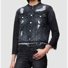 Frame Denim Gaven Black Distressed Rigid Hem Denim Jacket Xs