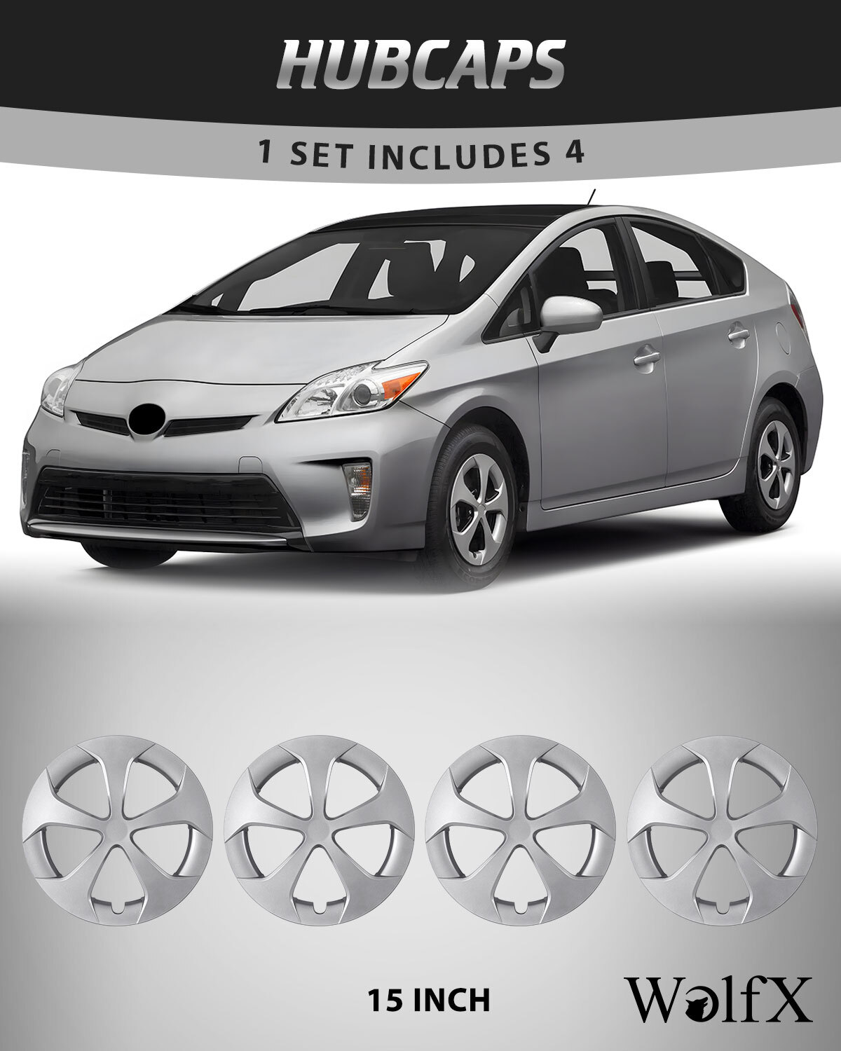 2010-2015 Toyota Prius 15 Silver Snap-On Wheel Rim Hub Covers