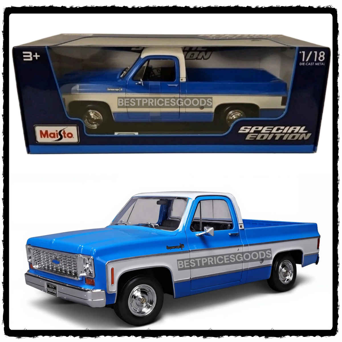 Maisto 1/18 1974 Chevrolet C10 Cheyenne Super Blue/White Diecast
