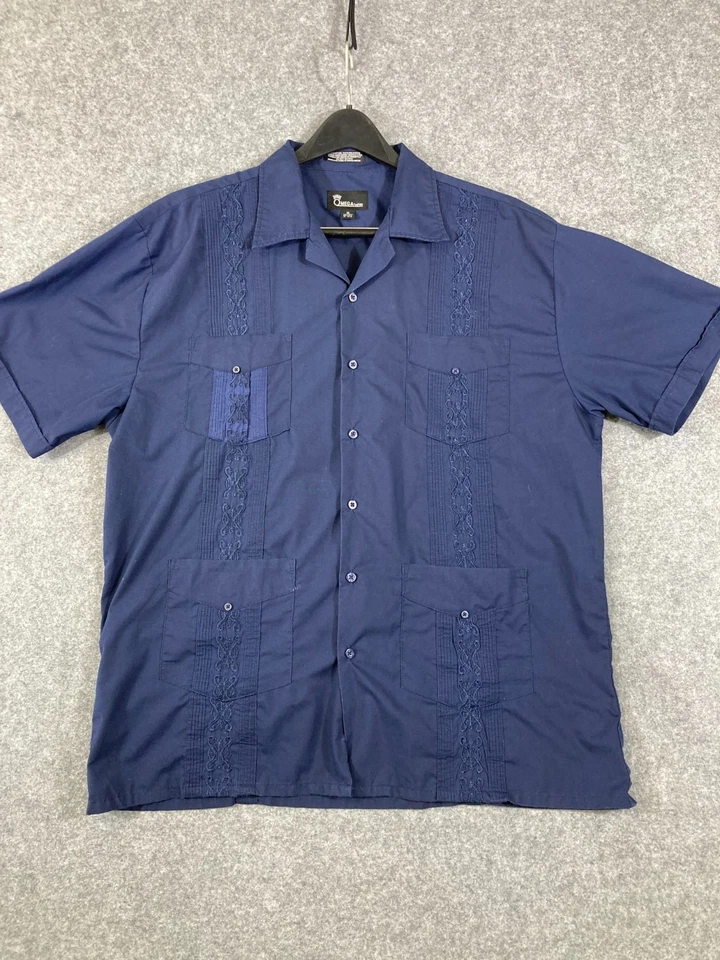 Camisa Omega Moda Guayabera Abotonada Para Hombre XL Azul Bordada Mexicana Cubana Foto 3 de 4