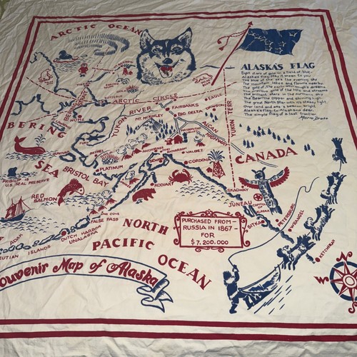 Mapa de lino de Alaska bufanda mantel colgante de pared recuerdo vintage años 50 48x50