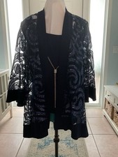 Dressy Navy Blue Pant Set, Size 14. Pants, Tank, Necklace And Sequin Jacket