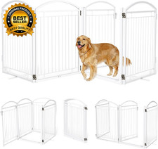 Full Metal Free Standing Dog Gate with Door Outdoor Indoor96'' Extra Wide 32''