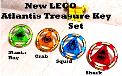 New LEGO Treasure Key Atlantis Lot of 4 Red Orange Blue Green Shark Squid Crab