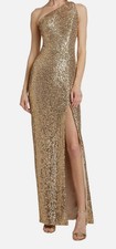 Pamella Roland Gold Sequin USA Sleeveless Dress One-Shoulder Gown Size 10