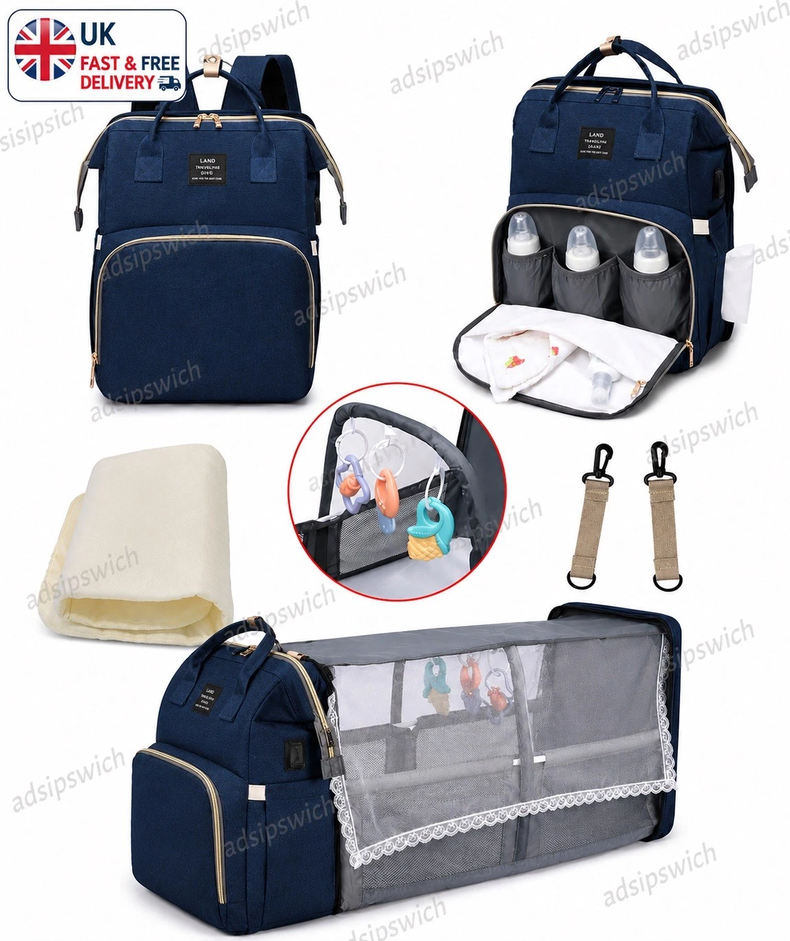 🇬🇧Luxury Baby Travelling Bag Convertible Cot Backpack Changing Mat USB Port