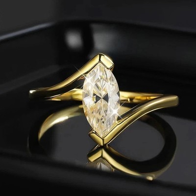 1.50CTW Marquise Cut Certified Moissanite Engagement Ring 14K Yellow Gold Plated