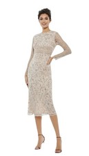 Mac Duggal 10812 Beaded Tea Length Dress Sheer Long Sleeves Women's Size 6