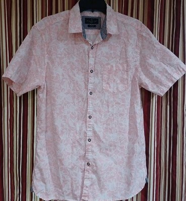 Across the Pond Signature Line Mens Pink Flora Short Sleeve Button Up Shirt SZ L