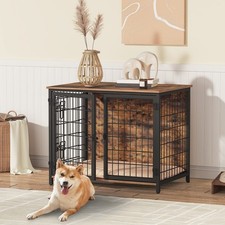 Dog Crate Furniture with Cushion, Wooden Dog Kennel with Double Doors, Heavy ...