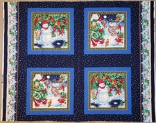 Cranston Christmas Fabric Pillow Panel 4 Squares Snowman, Cardinals w/ Glitter