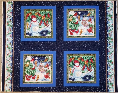 Cranston Christmas Fabric Pillow Panel 4 Squares ~ Snowman, Cardinals w/ Glitter