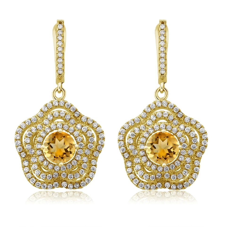 925 Yellow Gold Plated Silver 4.20 Ct Citrine Flower Dangle Earrings For Women - Image 2 of 4