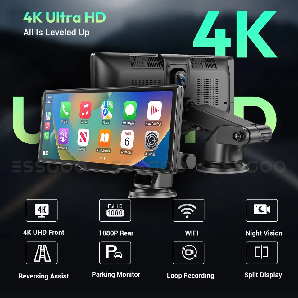 Autoradio Portatile 10.26" Wireless Apple CarPlay Android Auto Dashcam DVR WIFI - Immagine 2 di 4