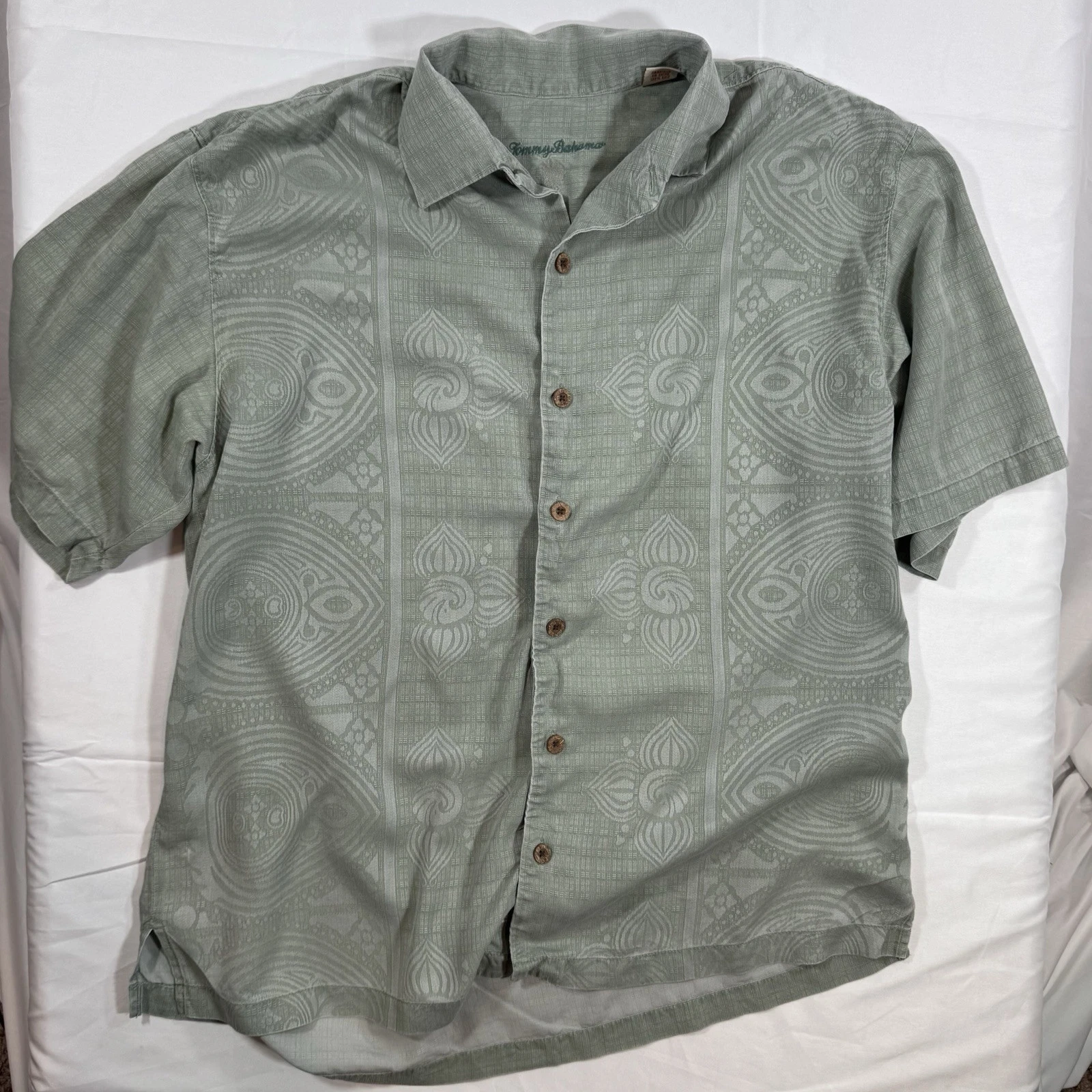 🛑 Tommy Bahama Shirt Mens LARGE Gray Short Sleeve Hawaiian