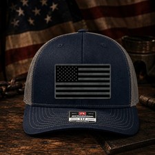 Richardson 112 Snapback Trucker Hat Navy Charcoal American Flag Leather Patch