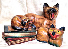 3 Vintage Handcarved Wooden Cats Figurines 1970s
