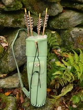 Handmade Green Leather traditional archery back quiver for arrows Antler Accents