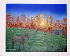 Original Art Landscape Acrylic Canvas 16x20 Painting Horse Barn Fall Sunrise