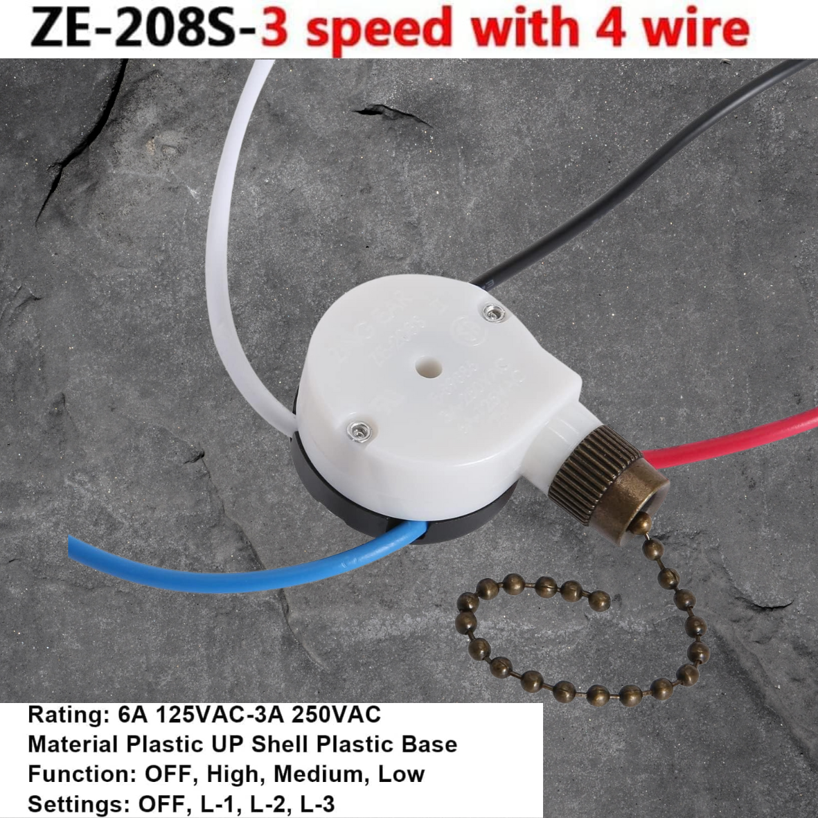Zing Ear Ze-268s6 4-Wire Ceiling Fan Pull Chain Switch for Light and Fan Control-image
