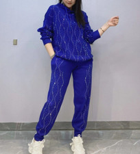 New Women Luxury Diamond Rhinestones Tracksuit 2 Pieces Knitted Set 4 Colors