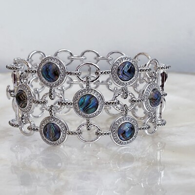 Silver Tone Hematite Faceted Labradorite Pave CZ Statement Cuff Bracelet Elegant