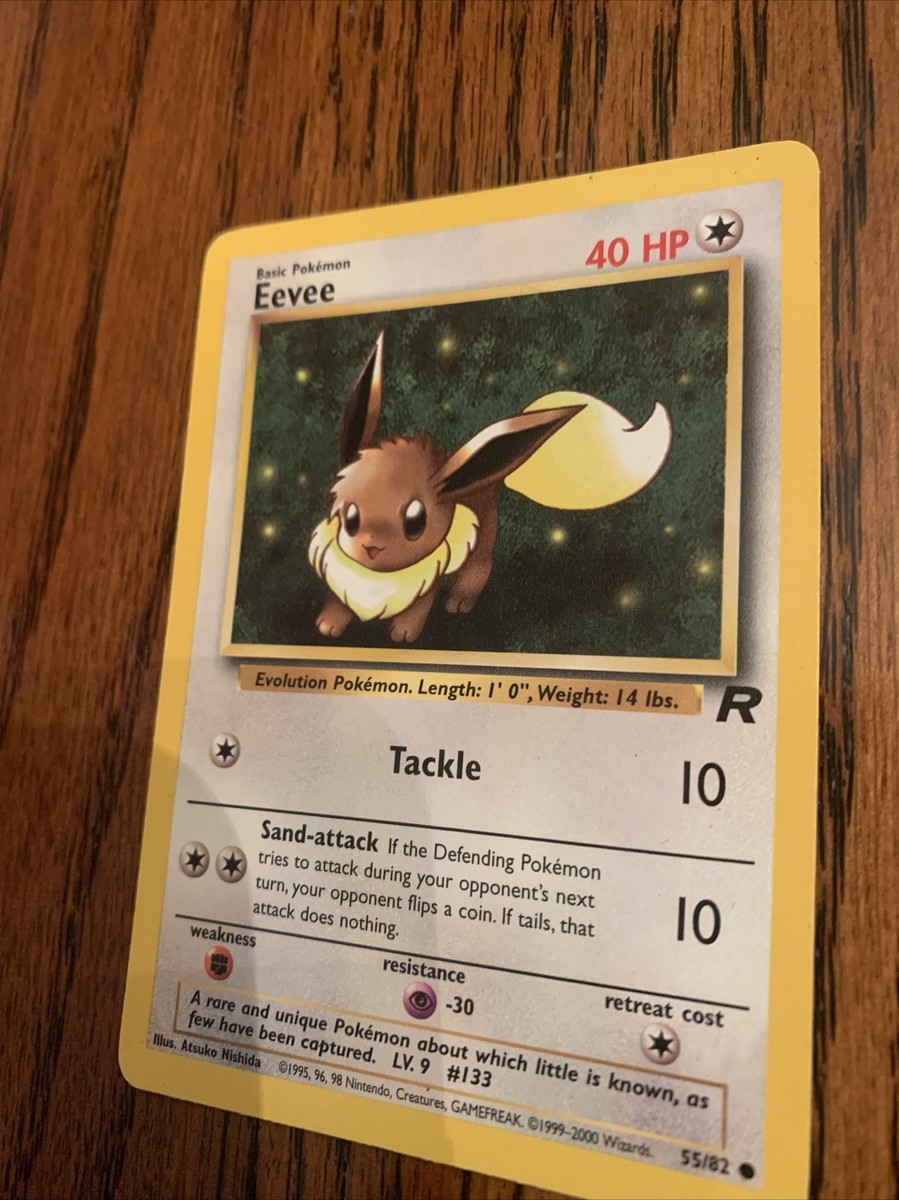 1995 eevee pokemon card value 55 82 Team Rocket 1st Edition 55/82 SGC 8.5 – TBC Games this attack does 10 damage. Pokémon Eevee 55/82 Team Rocket