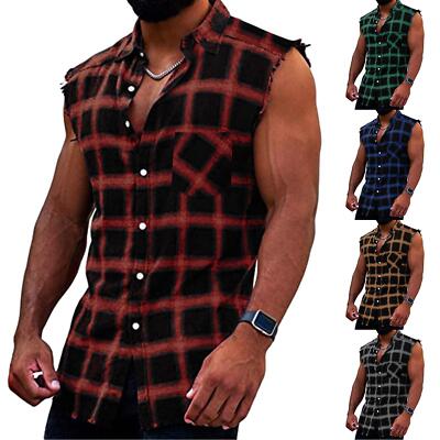 Herren Sommer Mode Casual Plaid Print Ärmellose T-Shirt Weste Schleifen Z