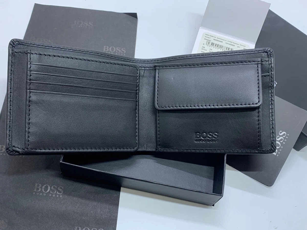 BRAND NEW HUGO BOSS MEN AREZZO TRIFOLD BLACK LEATHER WALLET COIN