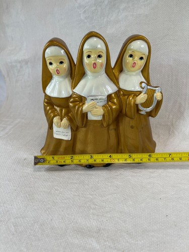 Vtg 3 Gold Nun Figurine Ceramic Bisque Wind Up Music Box / Dominique Japan Video - Picture 10 of 11