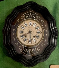 Antique French Baker’s Wall Clock With Mother Of Pearl Inlay- Morez Movement