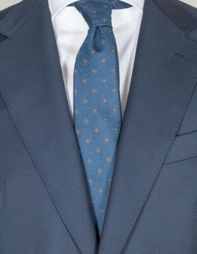Kiton Tie In Dark Blue With Brown Flowers And Herringbone Pattern