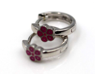 Genuine New Sterling Silver 925 Pink Enamel Huggies Flower Earrings -Free Post
