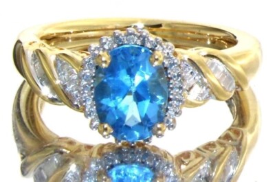2 Kt Lab BLAUTOPAS & ECHTER natürlicher DIAMANT RING 14K GOLD Overlay Gr. 9,75 61,5