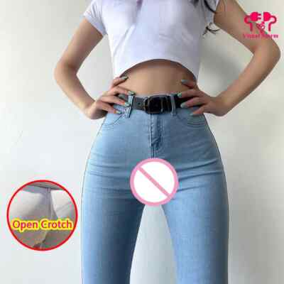 Woman Open Crotch Jeans Invisible Three Zipper Pants Outdoor Couple Costume