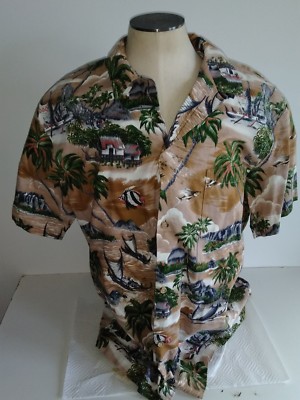 RJC Hawaiian Aloha Camp Button Shirt  FISH PALM BOATS PALMS Size M