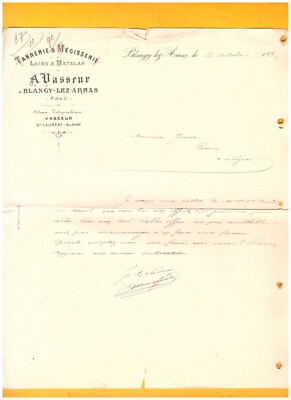 BLANGY-LEZ-ARRAS (62) FACTORY TANNERY MEGISSERIE / WOOL ''A. VASSEUR'' in 1895