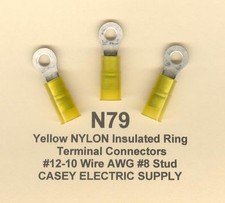 25 Yellow NYLON Insulated Ring Terminal Connector 12-10 Wire Gauge 8 Stud USA