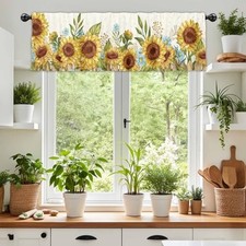 Sunflowers Valance Curtain Watercolor Yellow Blue Floral Farmhouse Semi Sheer