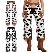 US Women's Western Cowboy Fringed Chaps Pants Cow-spot Pattern Flannel Trousers