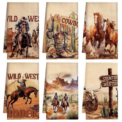 Western Kitchen Hand Towels - Set of 6 Cowboy Horse Country Wild West Rodeo Dish