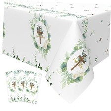 3Pcs Tablecloth, 54 x 108 Inch Eucalyptus Leaf Cross God Bless Baptism